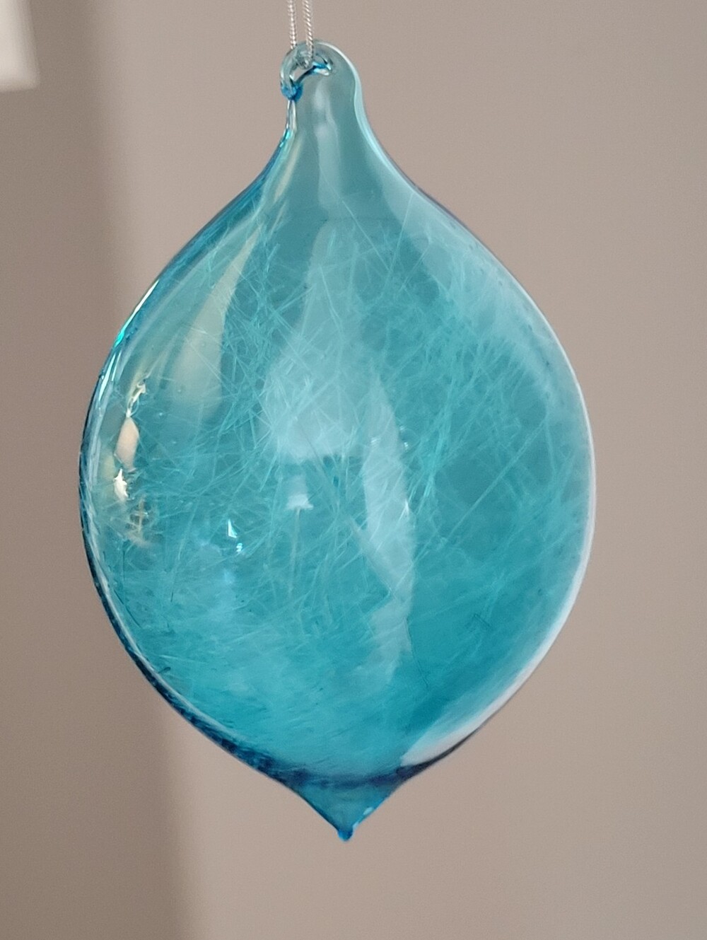 Turquoise Blown Glass Ornament Clear Spun Glass Interior